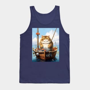 Cats at Sea: Fat Cat, little boat Vintage Style Art Tank Top